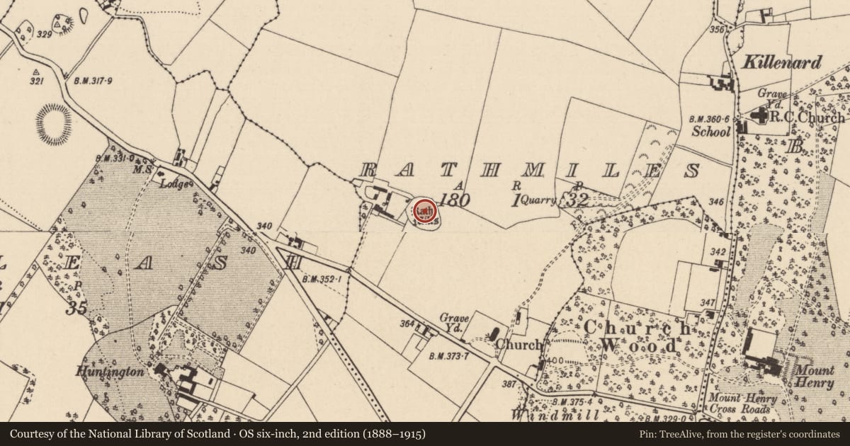 Ordnance Survey six-inch map, 2nd edition (1888–1915) covering the location of Ringfort - rath, Rathmiles, County Laois, with a pin at the register's coordinates