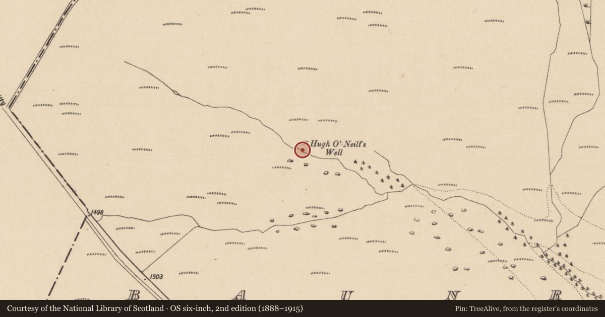 Ordnance Survey six-inch map, 2nd edition (1888–1915) covering the location of Well, Baunreagh, County Laois, with a pin at the register's coordinates