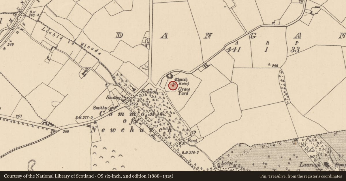 Ordnance Survey six-inch map, 2nd edition (1888–1915) covering the location of Church, Dangans, County Laois, with a pin at the register's coordinates