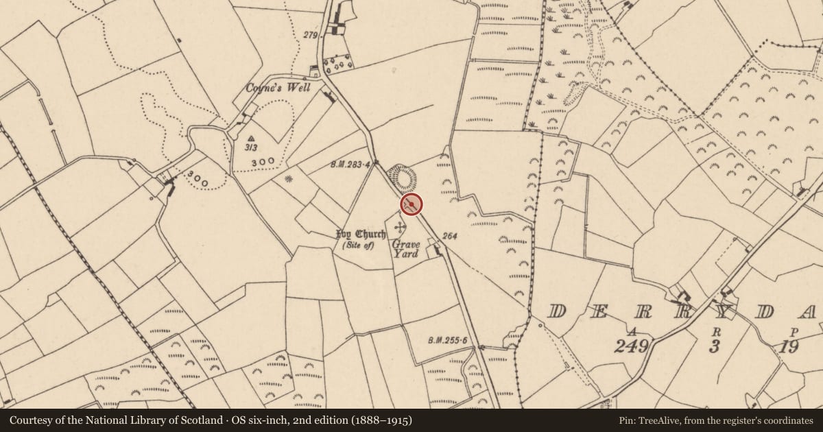 Ordnance Survey six-inch map, 2nd edition (1888–1915) covering the location of Cross-inscribed stone, Acragar, County Laois, with a pin at the register's coordinates