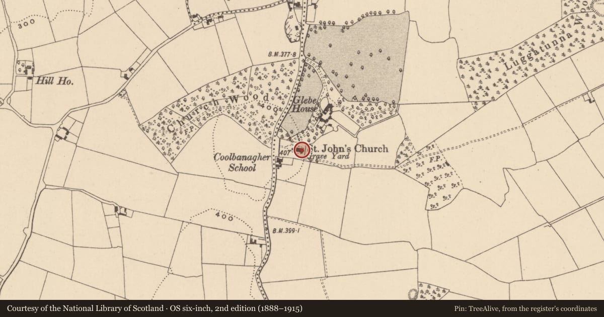 Ordnance Survey six-inch map, 2nd edition (1888–1915) covering the location of Font (present location), Morett, County Laois, with a pin at the register's coordinates