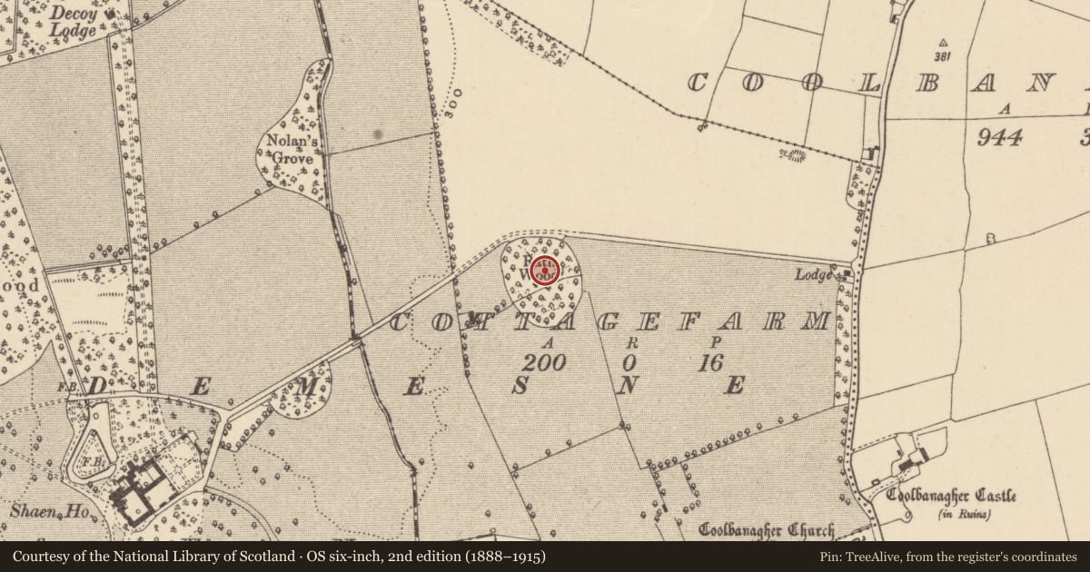 Ordnance Survey six-inch map, 2nd edition (1888–1915) covering the location of Designed landscape feature, Cottagefarm, County Laois, with a pin at the register's coordinates