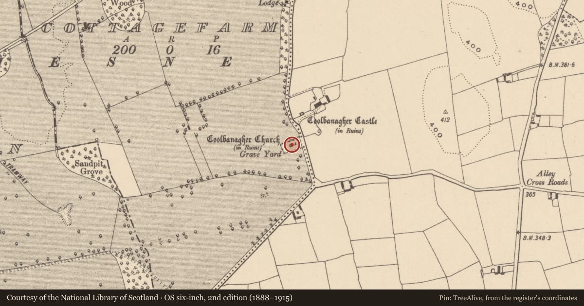 Ordnance Survey six-inch map, 2nd edition (1888–1915) covering the location of Church, Coolbanagher, County Laois, with a pin at the register's coordinates