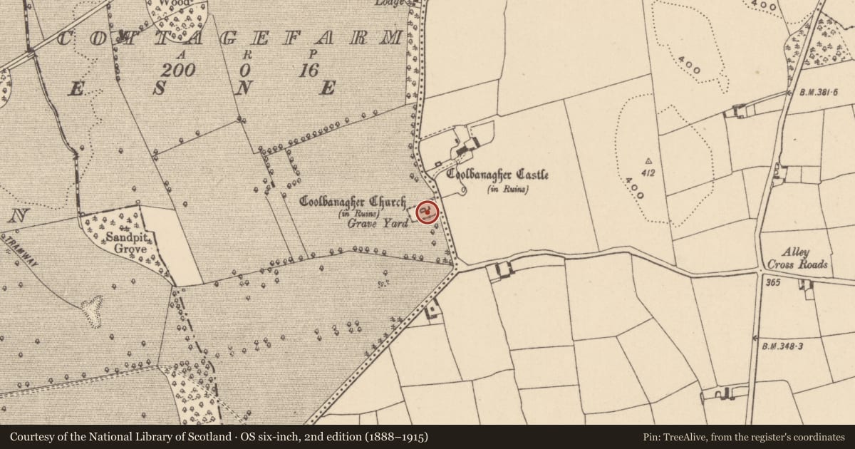Ordnance Survey six-inch map, 2nd edition (1888–1915) covering the location of Graveyard, Coolbanagher, County Laois, with a pin at the register's coordinates