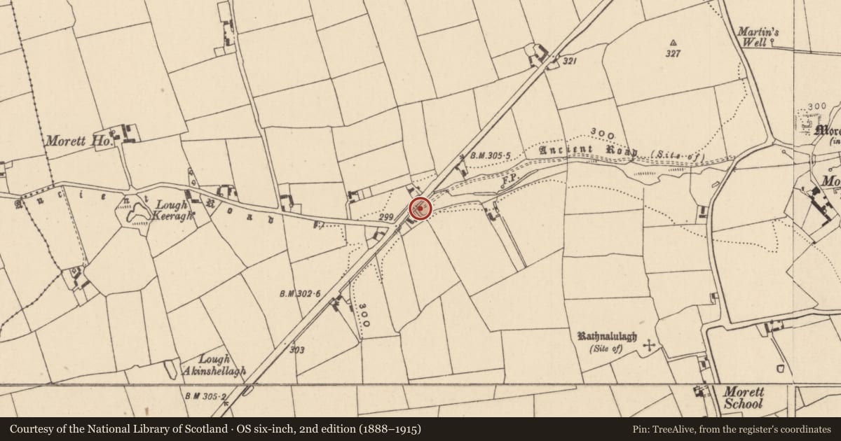 Ordnance Survey six-inch map, 2nd edition (1888–1915) covering the location of Road - road/trackway, Coolbanagher, Morett, County Laois, with a pin at the register's coordinates