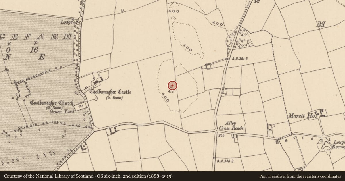 Ordnance Survey six-inch map, 2nd edition (1888–1915) covering the location of Enclosure, Coolbanagher, County Laois, with a pin at the register's coordinates
