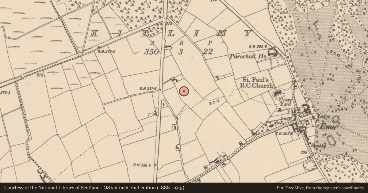 Ordnance Survey six-inch map, 2nd edition (1888–1915) covering the location of Enclosure, Killimy, County Laois, with a pin at the register's coordinates