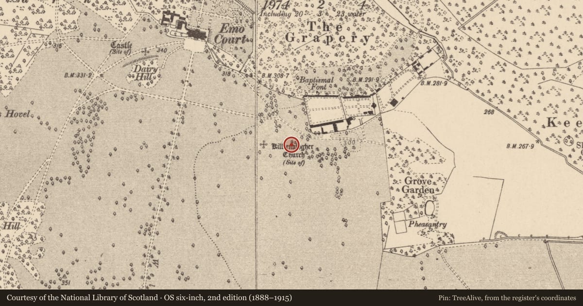 Ordnance Survey six-inch map, 2nd edition (1888–1915) covering the location of Church, Emo Park, County Laois, with a pin at the register's coordinates