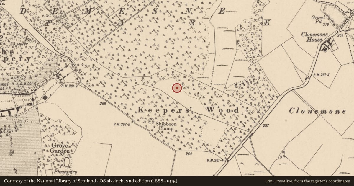 Ordnance Survey six-inch map, 2nd edition (1888–1915) covering the location of Designed landscape feature, Emo Park, County Laois, with a pin at the register's coordinates