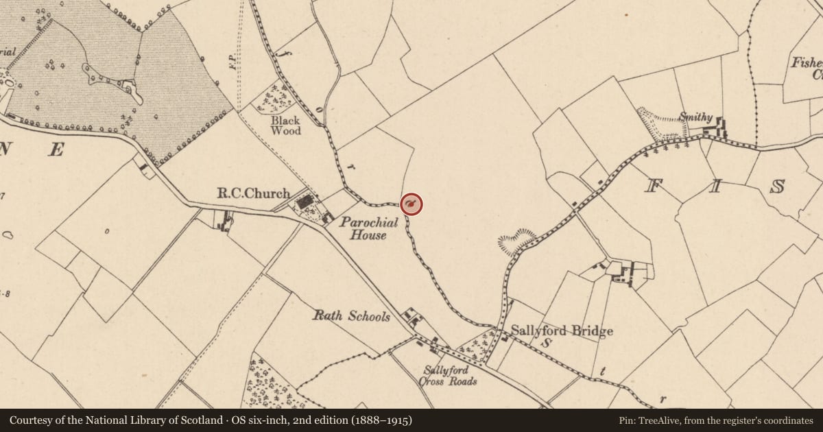 Ordnance Survey six-inch map, 2nd edition (1888–1915) covering the location of Enclosure, Kilbrackan, County Laois, with a pin at the register's coordinates