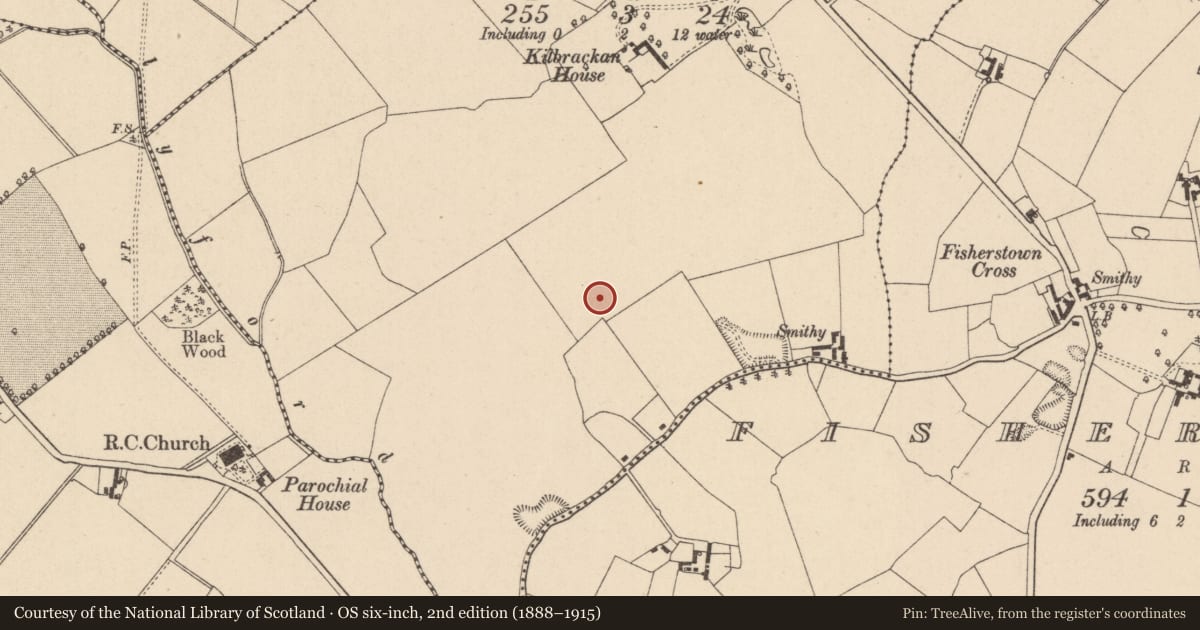 Ordnance Survey six-inch map, 2nd edition (1888–1915) covering the location of Enclosure, Kilbrackan, County Laois, with a pin at the register's coordinates
