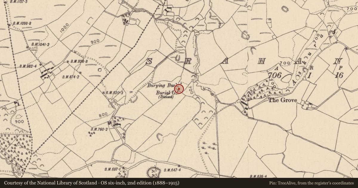 Ordnance Survey six-inch map, 2nd edition (1888–1915) covering the location of Church, Srahanboy, County Laois, with a pin at the register's coordinates