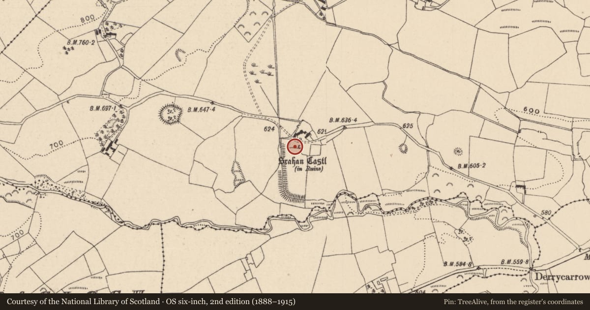 Ordnance Survey six-inch map, 2nd edition (1888–1915) covering the location of Bawn, Srahanboy, County Laois, with a pin at the register's coordinates