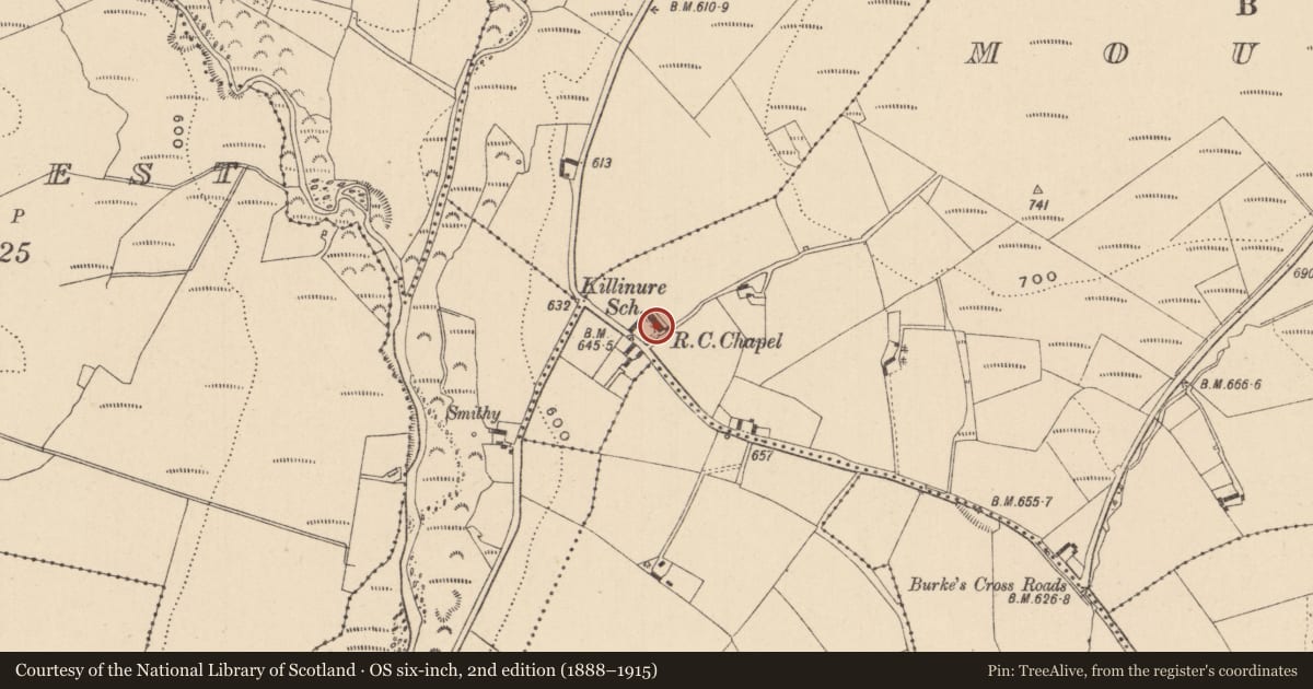 Ordnance Survey six-inch map, 2nd edition (1888–1915) covering the location of Font, Killinure, County Laois, with a pin at the register's coordinates
