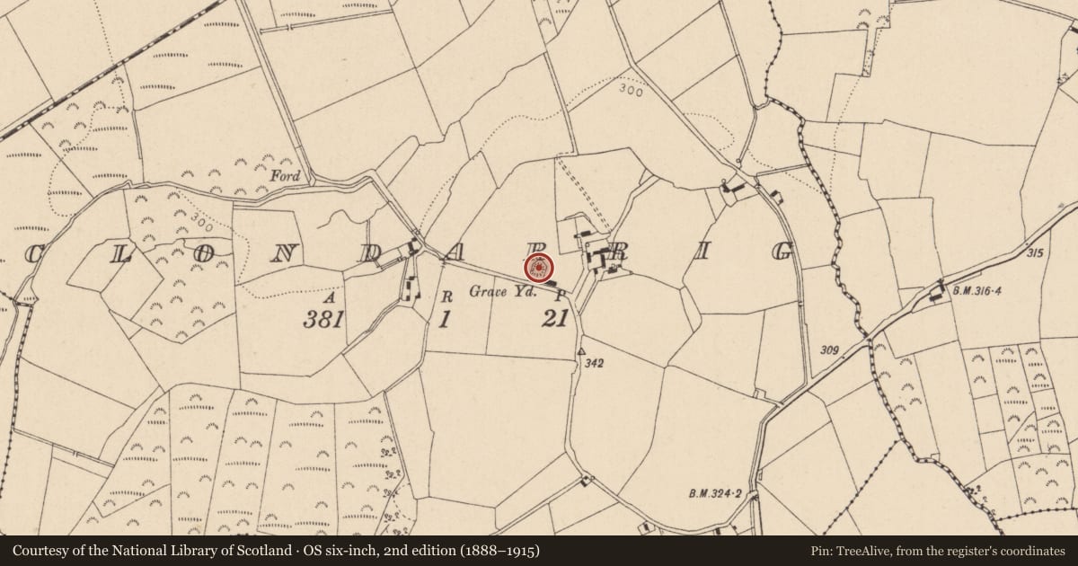Ordnance Survey six-inch map, 2nd edition (1888–1915) covering the location of Burial ground, Clondarrig, County Laois, with a pin at the register's coordinates