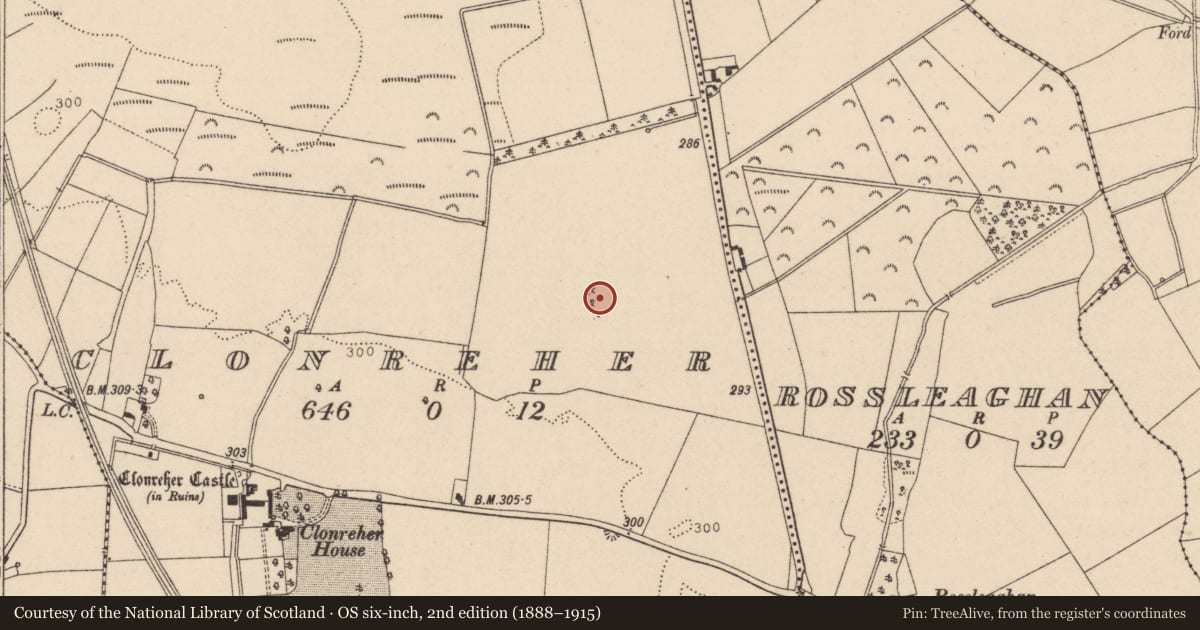 Ordnance Survey six-inch map, 2nd edition (1888–1915) covering the location of Enclosure, Clonreher, County Laois, with a pin at the register's coordinates