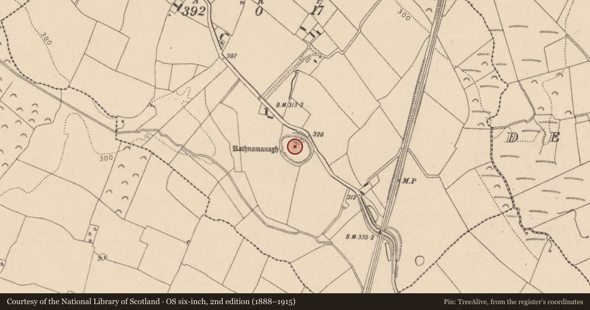 Ordnance Survey six-inch map, 2nd edition (1888–1915) covering the location of Castle - motte and bailey, Rathnamanagh, County Laois, with a pin at the register's coordinates