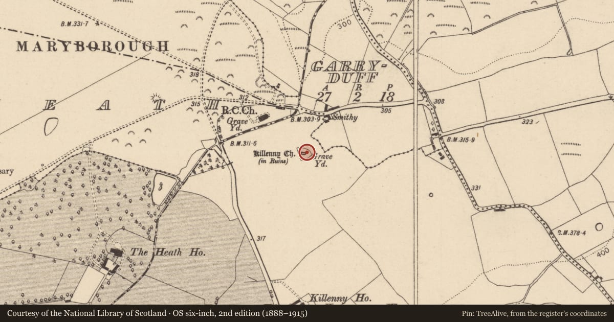 Ordnance Survey six-inch map, 2nd edition (1888–1915) covering the location of Church, Killenny, County Laois, with a pin at the register's coordinates