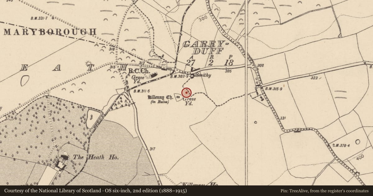 Ordnance Survey six-inch map, 2nd edition (1888–1915) covering the location of Ecclesiastical enclosure, Killenny, County Laois, with a pin at the register's coordinates