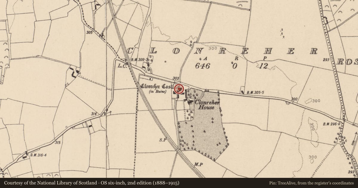 Ordnance Survey six-inch map, 2nd edition (1888–1915) covering the location of Castle - tower house, Clonreher, County Laois, with a pin at the register's coordinates