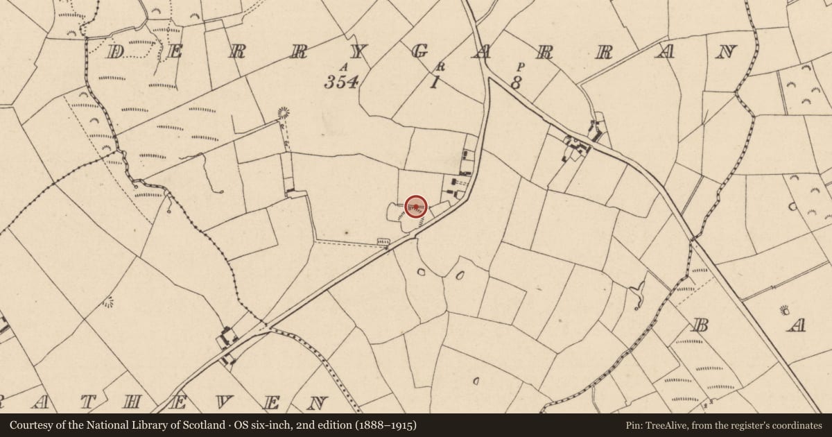 Ordnance Survey six-inch map, 2nd edition (1888–1915) covering the location of Enclosure, Derrygarran, County Laois, with a pin at the register's coordinates