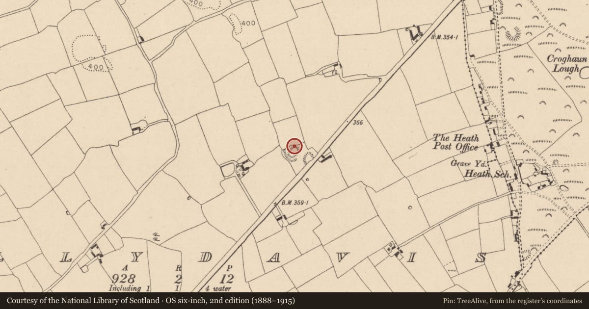 Ordnance Survey six-inch map, 2nd edition (1888–1915) covering the location of Burial mound, Ballydavis, County Laois, with a pin at the register's coordinates