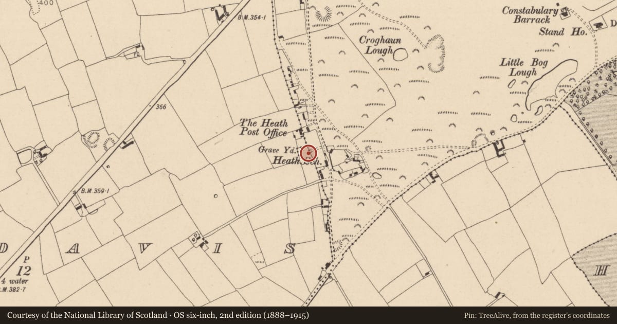 Ordnance Survey six-inch map, 2nd edition (1888–1915) covering the location of Architectural feature, Greatheath, County Laois, with a pin at the register's coordinates