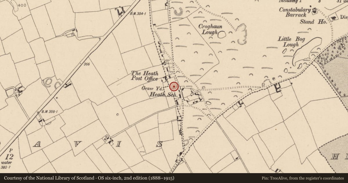 Ordnance Survey six-inch map, 2nd edition (1888–1915) covering the location of Graveyard, Greatheath, County Laois, with a pin at the register's coordinates