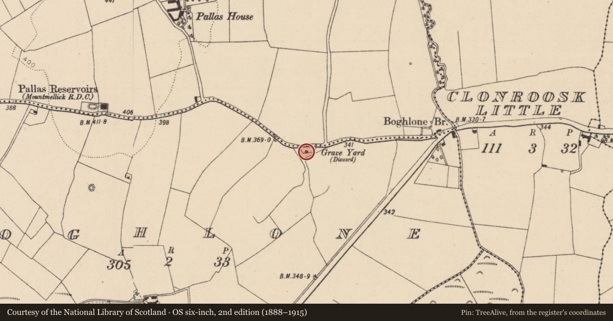 Ordnance Survey six-inch map, 2nd edition (1888–1915) covering the location of Burial ground, Boghlone, County Laois, with a pin at the register's coordinates