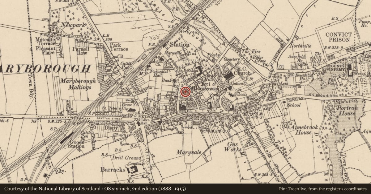 Ordnance Survey six-inch map, 2nd edition (1888–1915) covering the location of Church, Maryborough, County Laois, with a pin at the register's coordinates