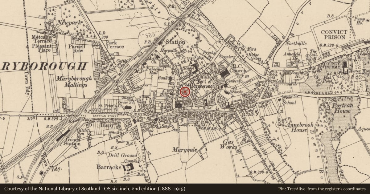 Ordnance Survey six-inch map, 2nd edition (1888–1915) covering the location of Graveyard, Maryborough, County Laois, with a pin at the register's coordinates