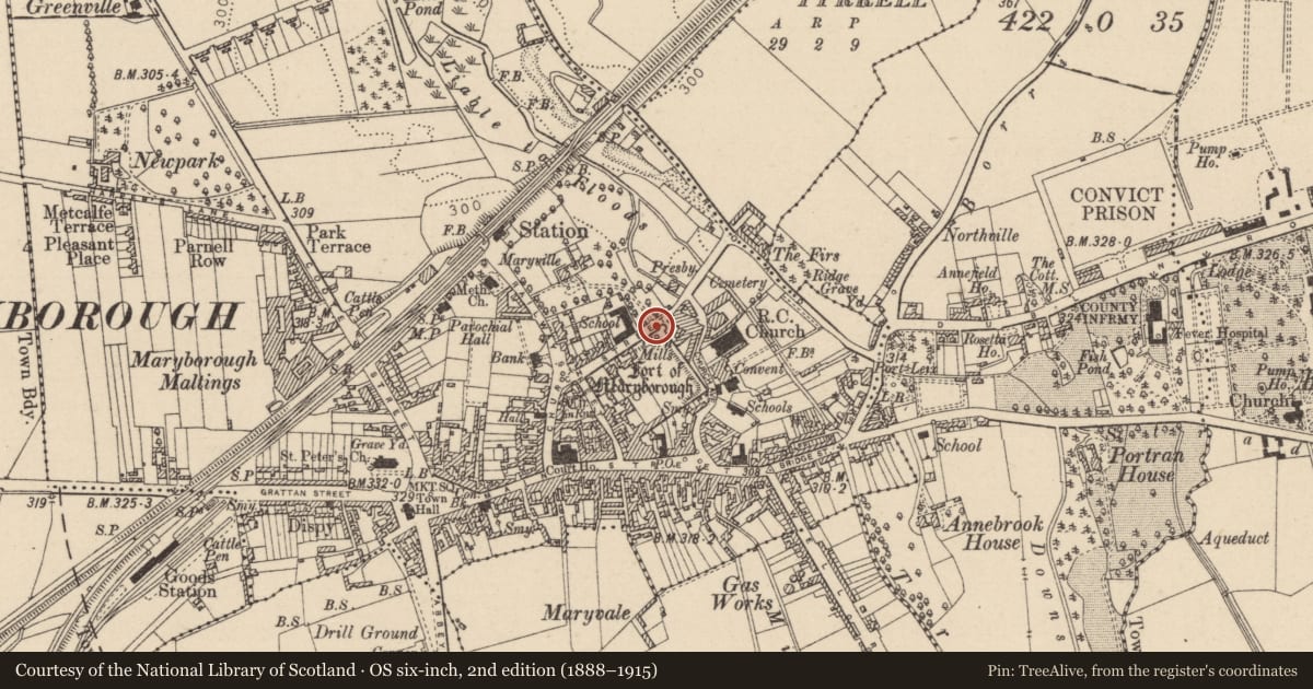 Ordnance Survey six-inch map, 2nd edition (1888–1915) covering the location of House - 16th century, Maryborough, County Laois, with a pin at the register's coordinates