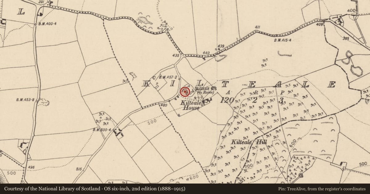 Ordnance Survey six-inch map, 2nd edition (1888–1915) covering the location of Church, Kilteale, County Laois, with a pin at the register's coordinates