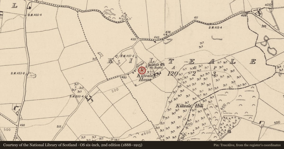 Ordnance Survey six-inch map, 2nd edition (1888–1915) covering the location of Enclosure, Kilteale, County Laois, with a pin at the register's coordinates