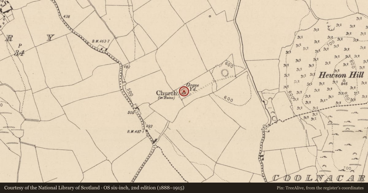 Ordnance Survey six-inch map, 2nd edition (1888–1915) covering the location of Church, Dysart, County Laois, with a pin at the register's coordinates