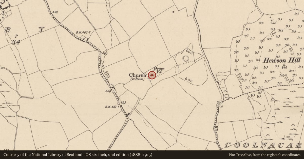 Ordnance Survey six-inch map, 2nd edition (1888–1915) covering the location of Graveyard, Dysart, County Laois, with a pin at the register's coordinates