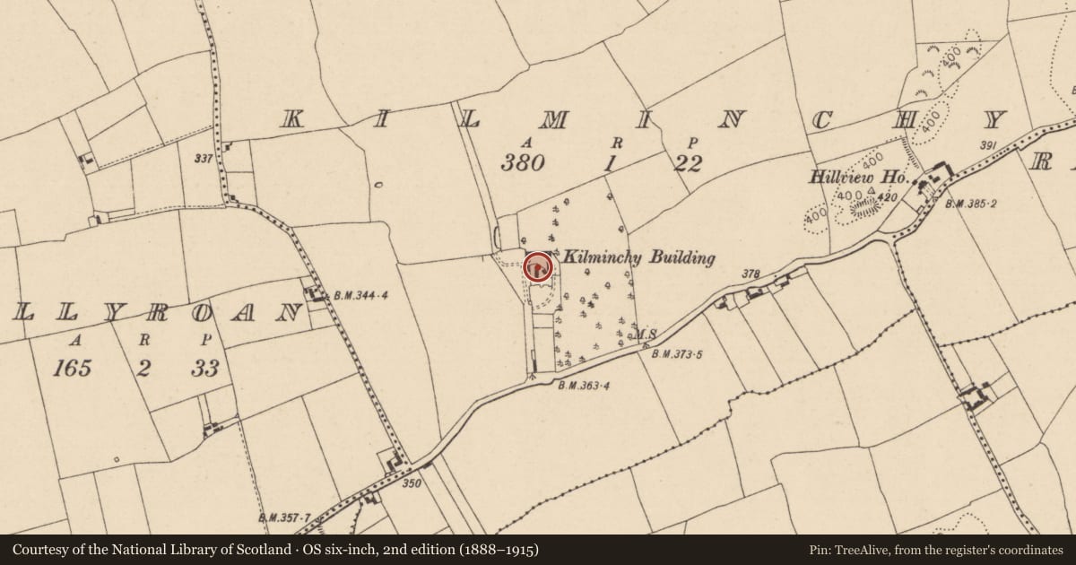 Ordnance Survey six-inch map, 2nd edition (1888–1915) covering the location of Castle - unclassified, Kilminchy, County Laois, with a pin at the register's coordinates