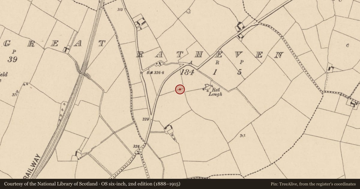 Ordnance Survey six-inch map, 2nd edition (1888–1915) covering the location of Burial, Ratheven, County Laois, with a pin at the register's coordinates