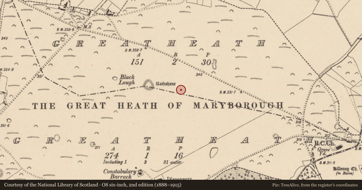 Ordnance Survey six-inch map, 2nd edition (1888–1915) covering the location of Barrow - unclassified, Greatheath, County Laois, with a pin at the register's coordinates