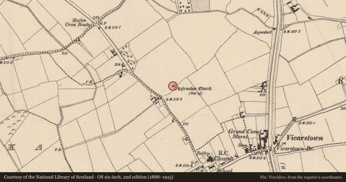 Ordnance Survey six-inch map, 2nd edition (1888–1915) covering the location of Church, Vicarstown (Dodd), County Laois, with a pin at the register's coordinates