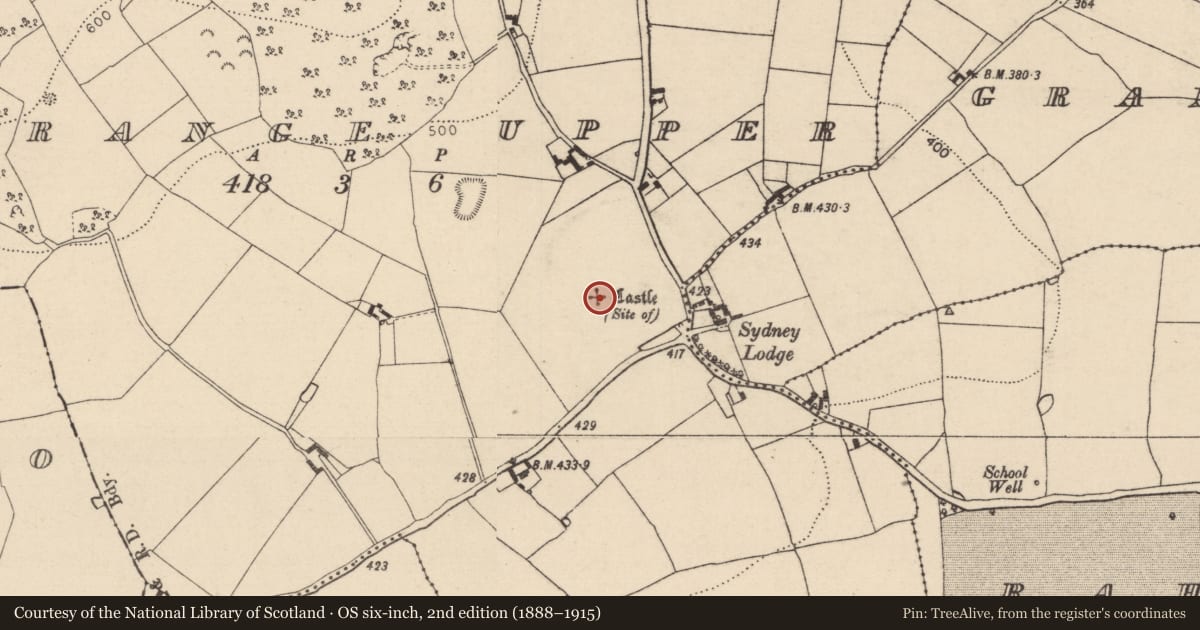 Ordnance Survey six-inch map, 2nd edition (1888–1915) covering the location of Castle - unclassified, Grange Upper, County Laois, with a pin at the register's coordinates