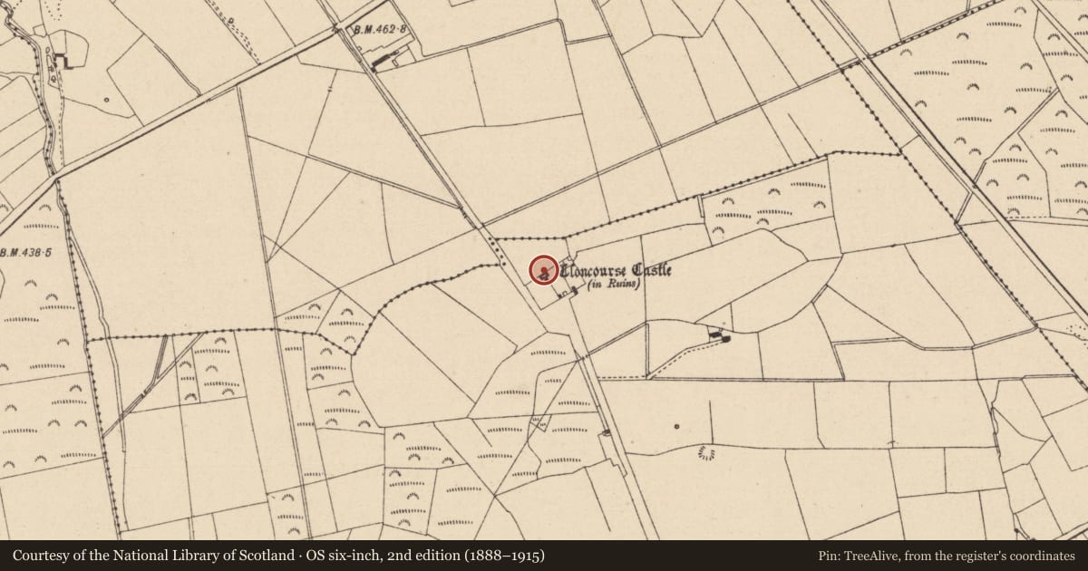 Ordnance Survey six-inch map, 2nd edition (1888–1915) covering the location of House - fortified house, Cloncourse, County Laois, with a pin at the register's coordinates