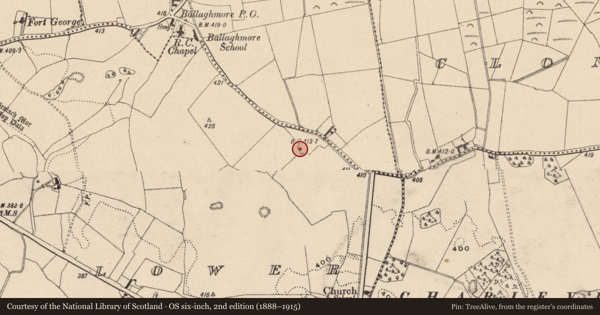 Ordnance Survey six-inch map, 2nd edition (1888–1915) covering the location of House - 16th/17th century, Ballaghmore Lower, County Laois, with a pin at the register's coordinates