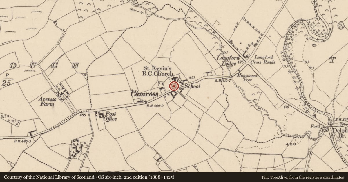 Ordnance Survey six-inch map, 2nd edition (1888–1915) covering the location of Settlement cluster, Camross, County Laois, with a pin at the register's coordinates