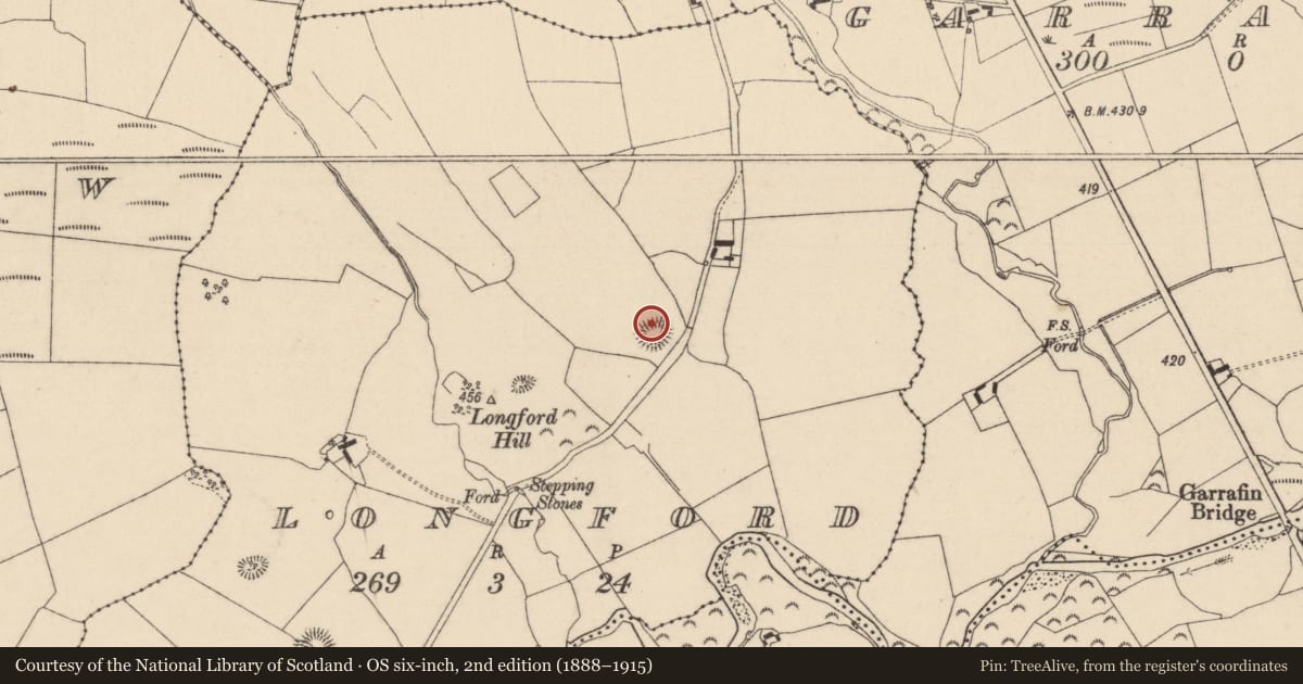 Ordnance Survey six-inch map, 2nd edition (1888–1915) covering the location of Enclosure, Longford, County Laois, with a pin at the register's coordinates