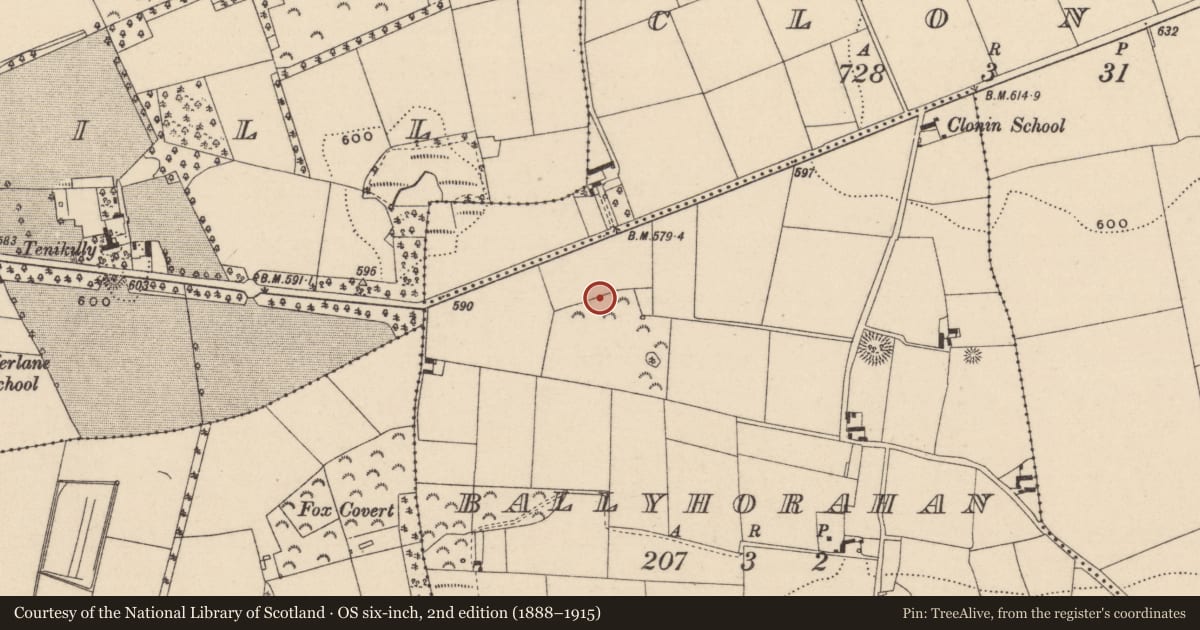 Ordnance Survey six-inch map, 2nd edition (1888–1915) covering the location of Enclosure, Ballyhorahan, County Laois, with a pin at the register's coordinates