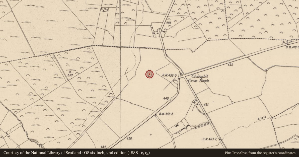 Ordnance Survey six-inch map, 2nd edition (1888–1915) covering the location of Enclosure, Clonoghil, County Laois, with a pin at the register's coordinates