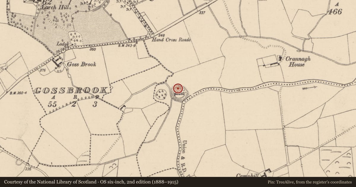 Ordnance Survey six-inch map, 2nd edition (1888–1915) covering the location of Designed landscape feature, Crannagh, County Laois, with a pin at the register's coordinates