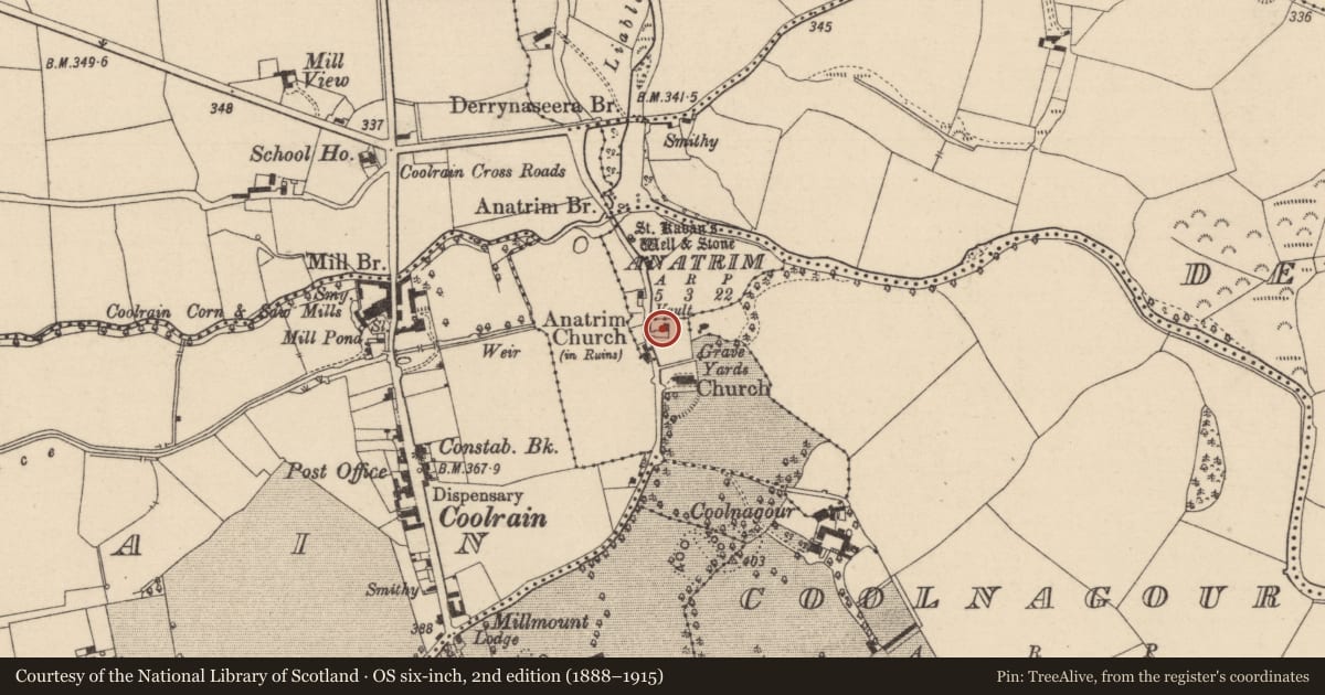 Ordnance Survey six-inch map, 2nd edition (1888–1915) covering the location of Church, Anatrim, County Laois, with a pin at the register's coordinates