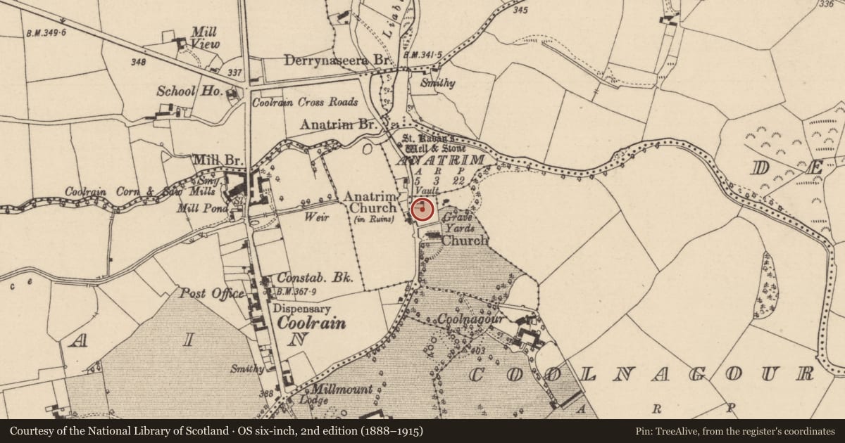 Ordnance Survey six-inch map, 2nd edition (1888–1915) covering the location of Graveyard, Anatrim, County Laois, with a pin at the register's coordinates